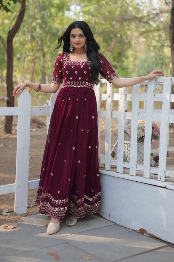 Maroon Georgette Gown with Embroidered Bodice & Gold Work Border