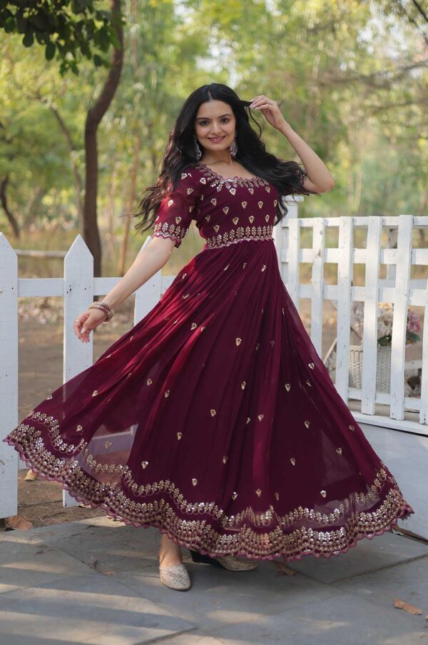 Maroon Georgette Gown with Embroidered Bodice & Gold Work Border