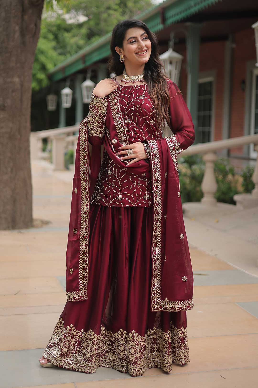 Maroon Georgette Sharara Suit with Heavy Embroidery & Mirror Work