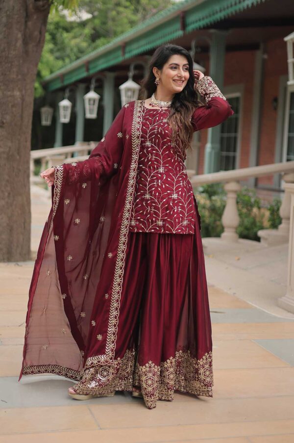 Maroon Georgette Sharara Suit with Heavy Embroidery & Mirror Work