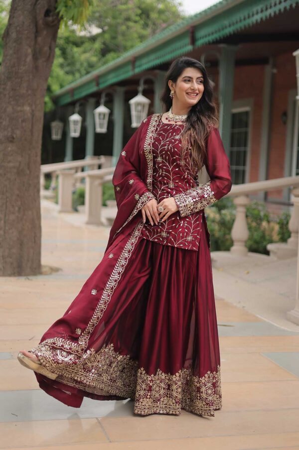 Maroon Georgette Sharara Suit with Heavy Embroidery & Mirror Work