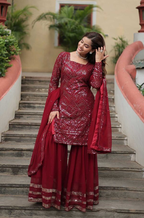Maroon Georgette Sharara Suit with Heavy Sequin Work and Bell Sleeves