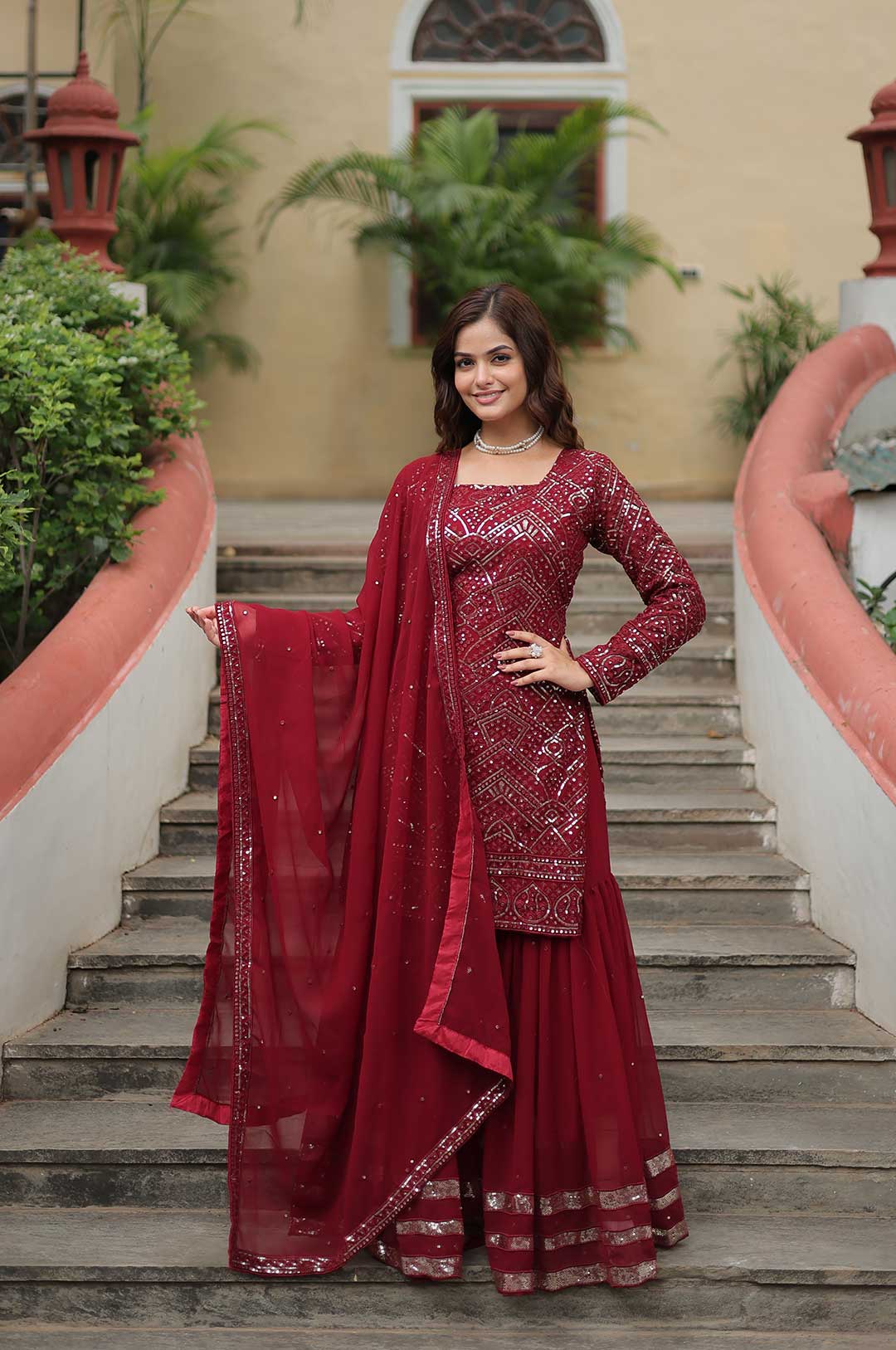 Maroon Georgette Sharara Suit with Heavy Sequin Work and Bell Sleeves