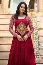 Maroon-Kutchi-Gamthi-Embroidered-Reyon-Gown-with-12-Mtr-Flair-&amp;-Printed-Sleeves