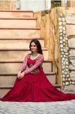 Maroon-Kutchi-Gamthi-Embroidered-Reyon-Gown-with-12-Mtr-Flair-&amp;-Printed-Sleeves--2