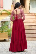 Maroon-Kutchi-Gamthi-Embroidered-Reyon-Gown-with-12-Mtr-Flair-&amp;-Printed-Sleeves-4
