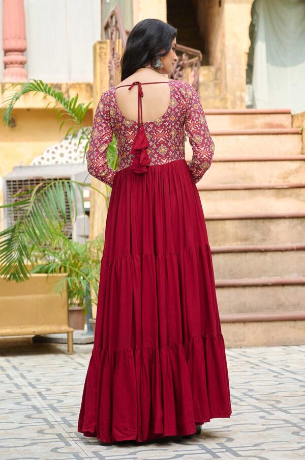 Maroon Kutchi Gamthi Embroidered Reyon Gown with 12 Mtr Flair & Printed Sleeves