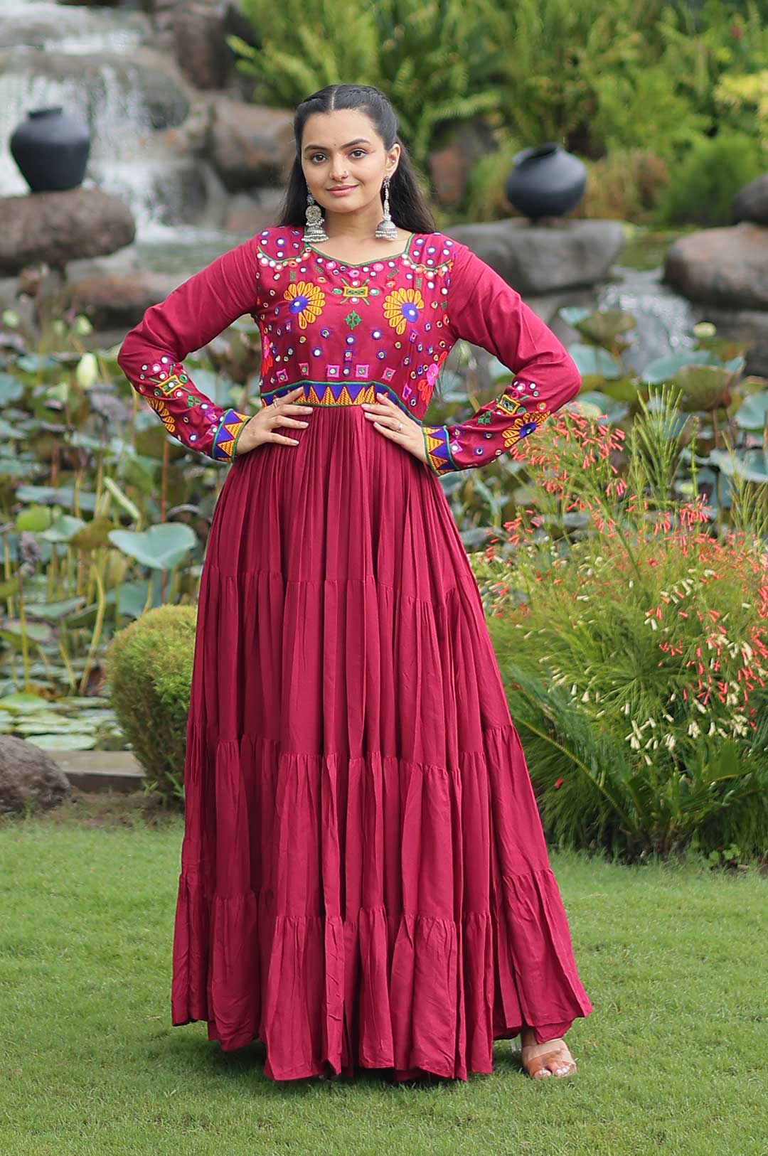 Maroon Reyon Gown with Kutchi Gamthi Embroidery