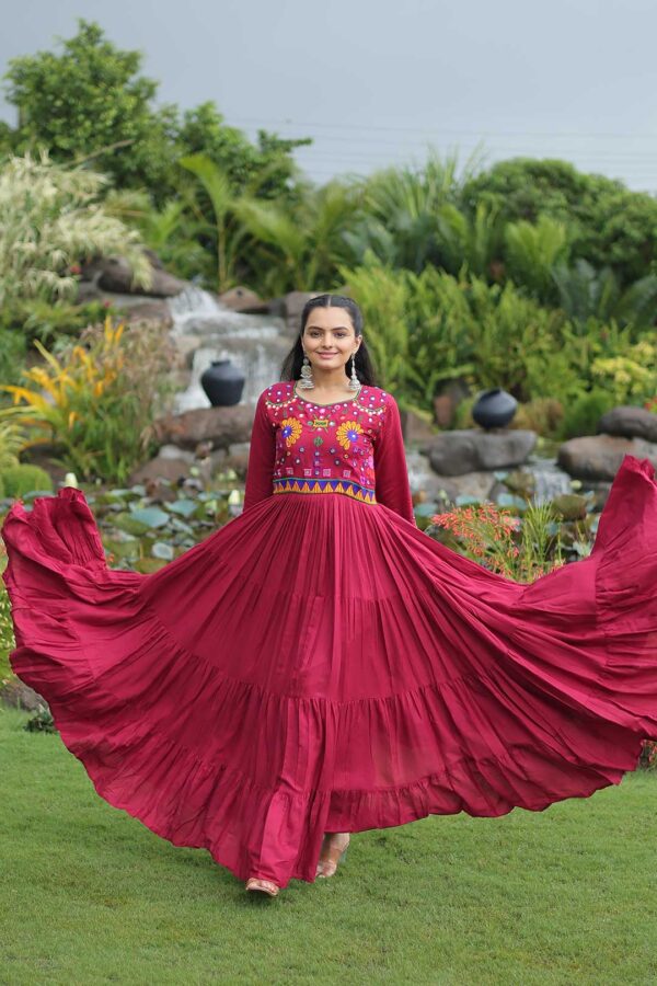 Maroon Reyon Gown with Kutchi Gamthi Embroidery