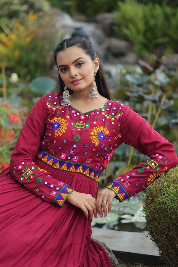 Maroon Reyon Gown with Kutchi Gamthi Embroidery