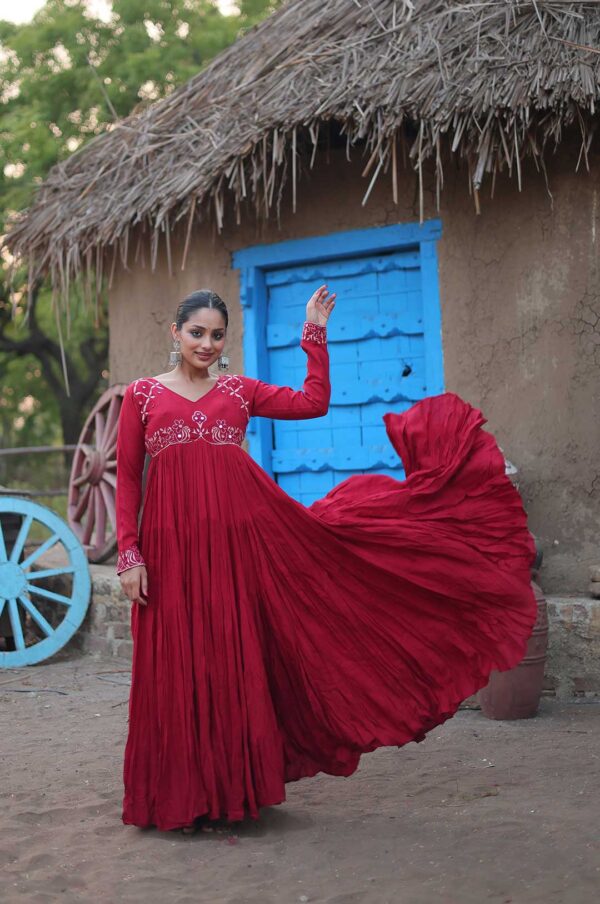 Maroon Viscose Blend Gown with Embroidered Yoke & Full Sleeves