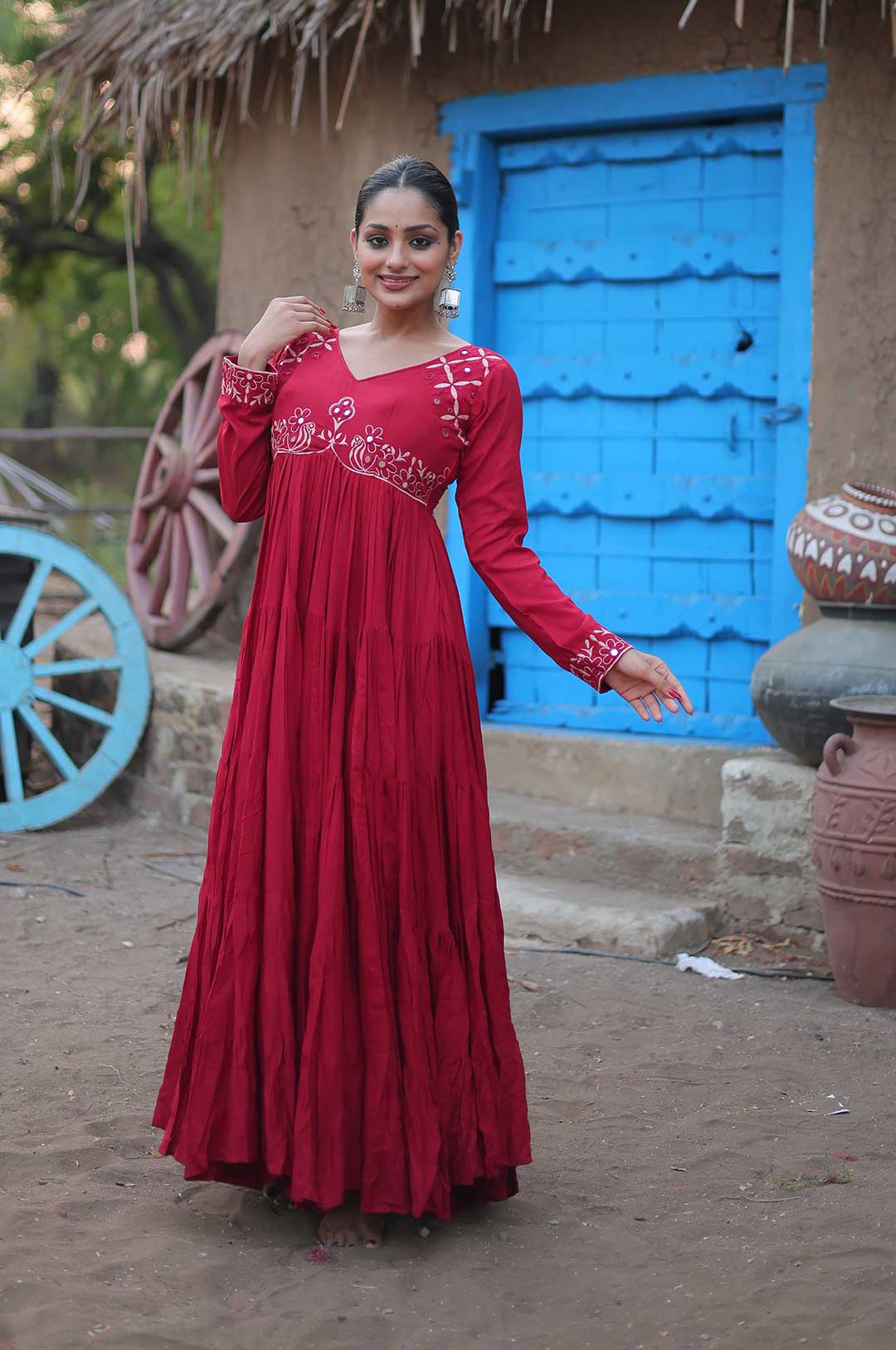 Maroon Viscose Blend Gown with Embroidered Yoke & Full Sleeves