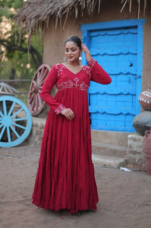 Maroon Viscose Blend Gown with Embroidered Yoke & Full Sleeves