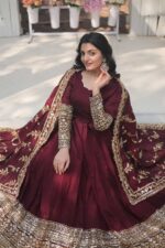 Maroon-Viscose-Georgette-Gown-with-Heavy-Gold-Zari-&amp;-Thread-Work-and-Dupatta-2