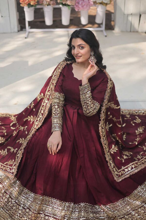 Maroon Viscose Georgette Gown with Heavy Gold Zari & Thread Work and Dupatta
