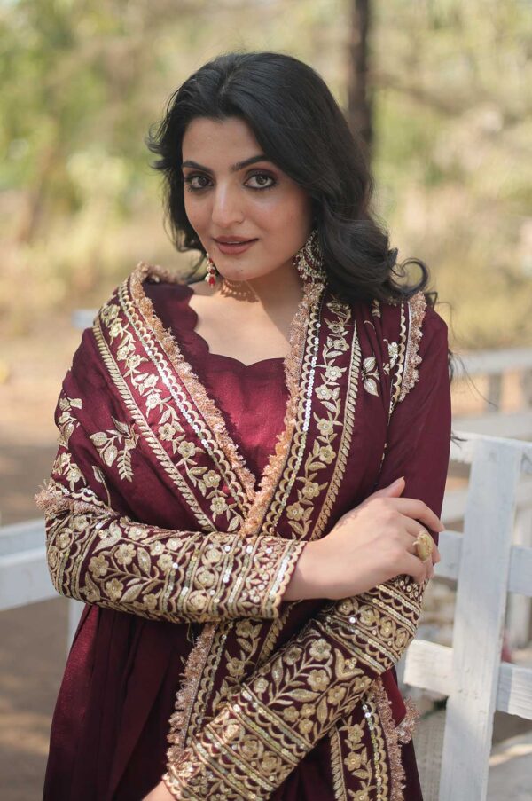 Maroon Viscose Georgette Gown with Heavy Gold Zari & Thread Work and Dupatta