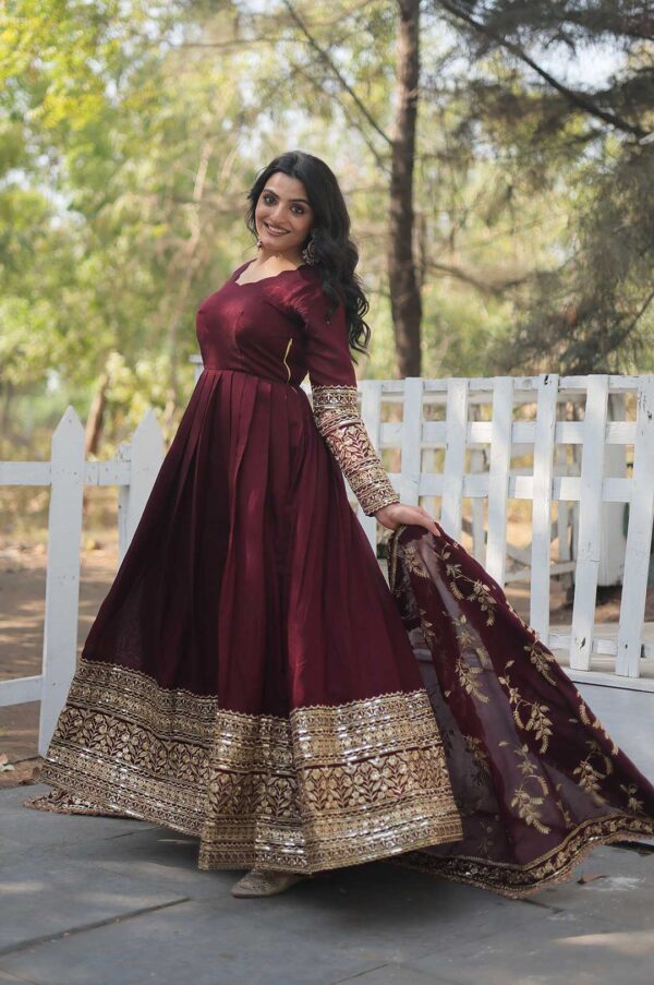 Maroon Viscose Georgette Gown with Heavy Gold Zari & Thread Work and Dupatta
