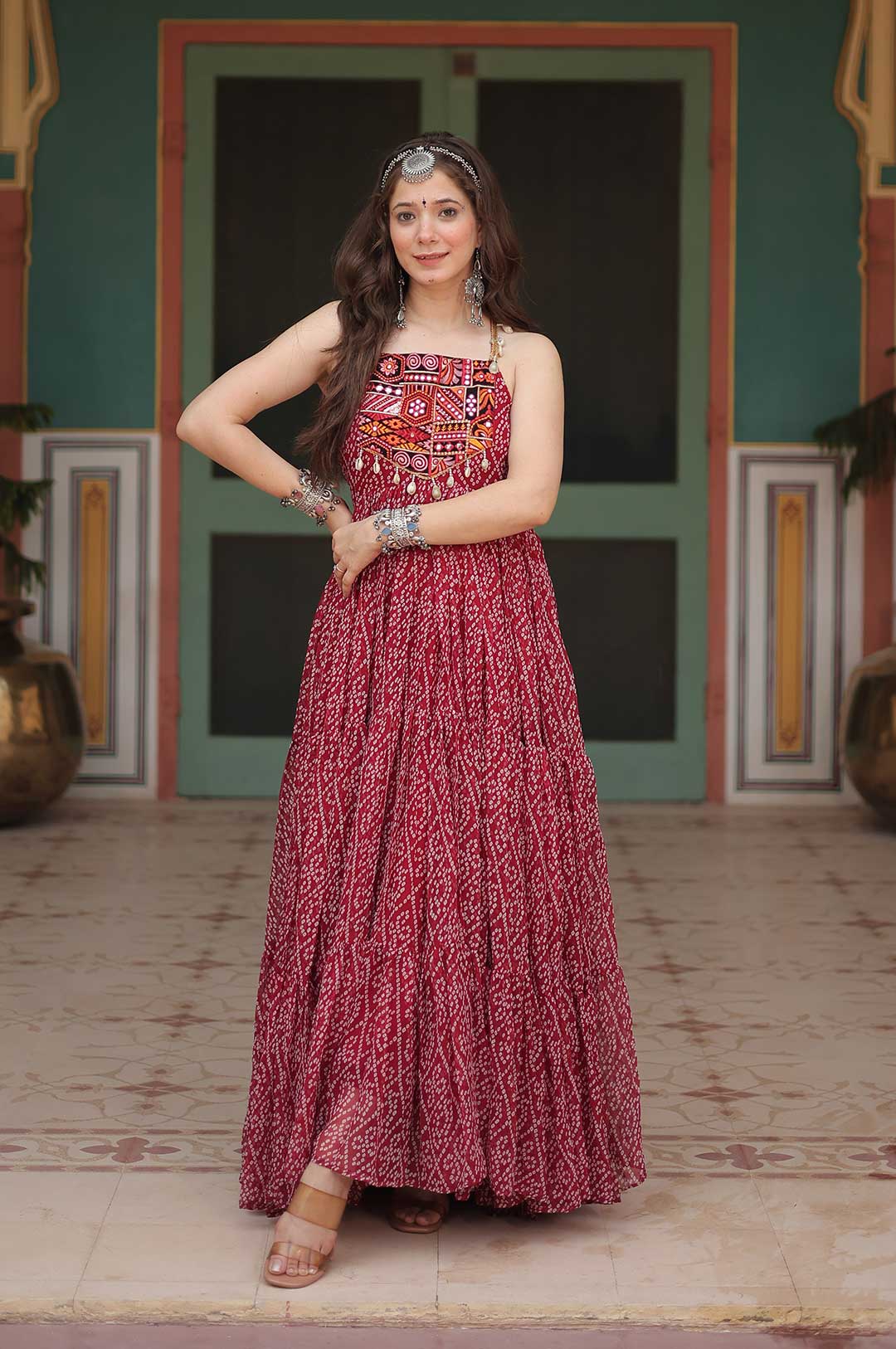 Maroon Bandhani Print Georgette Gown with Embroidered & Mirror Work Yoke