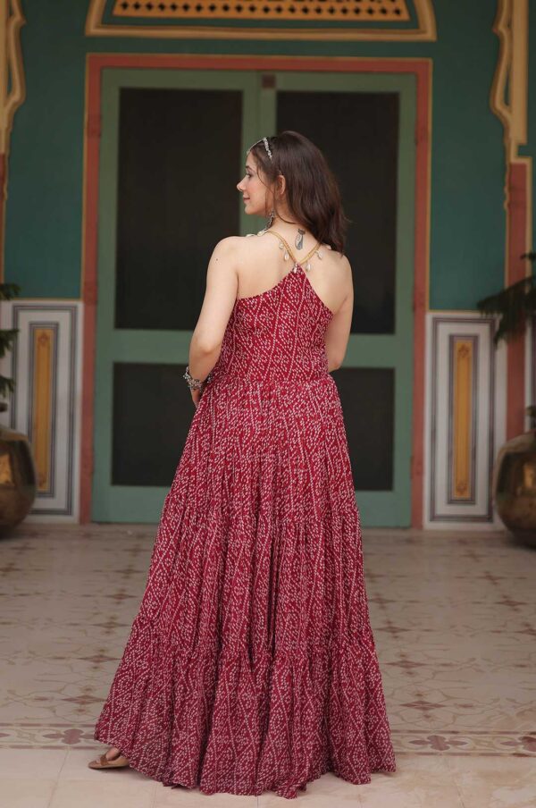 Maroon Bandhani Print Georgette Gown with Embroidered & Mirror Work Yoke
