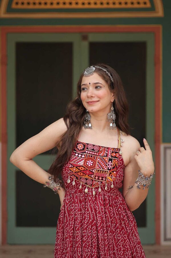 Maroon Bandhani Print Georgette Gown with Embroidered & Mirror Work Yoke