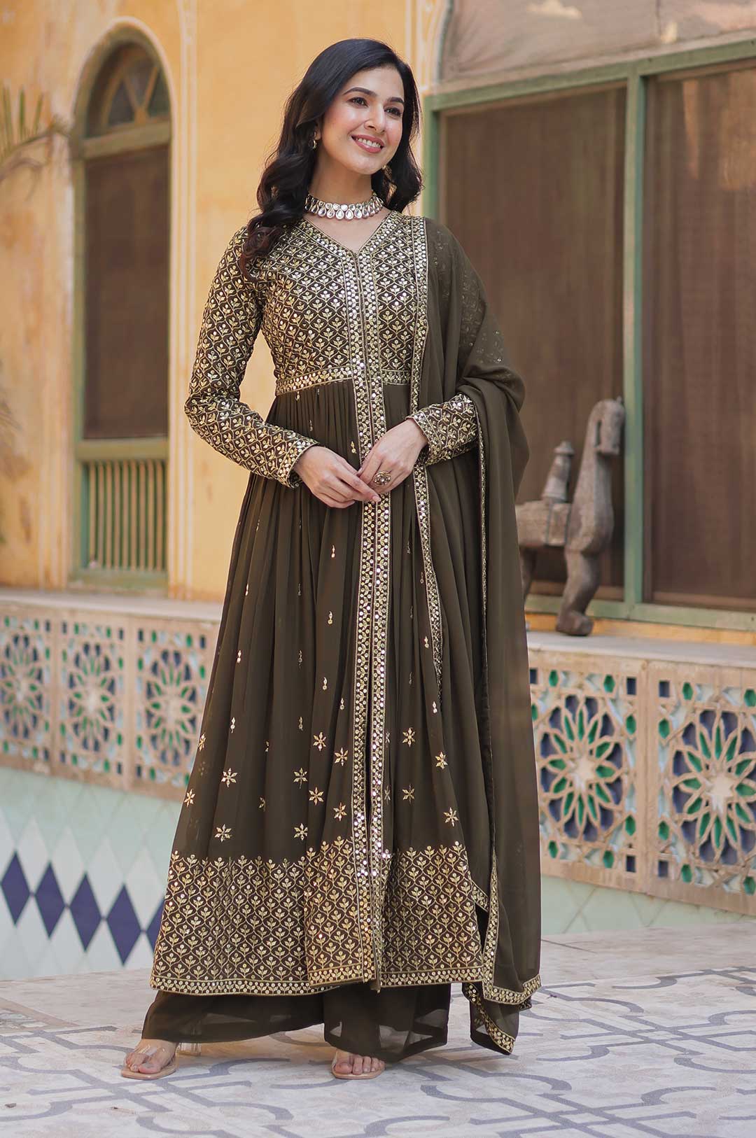 Mendi Green Embroidered Faux Georgette Suit Set with Dupatta