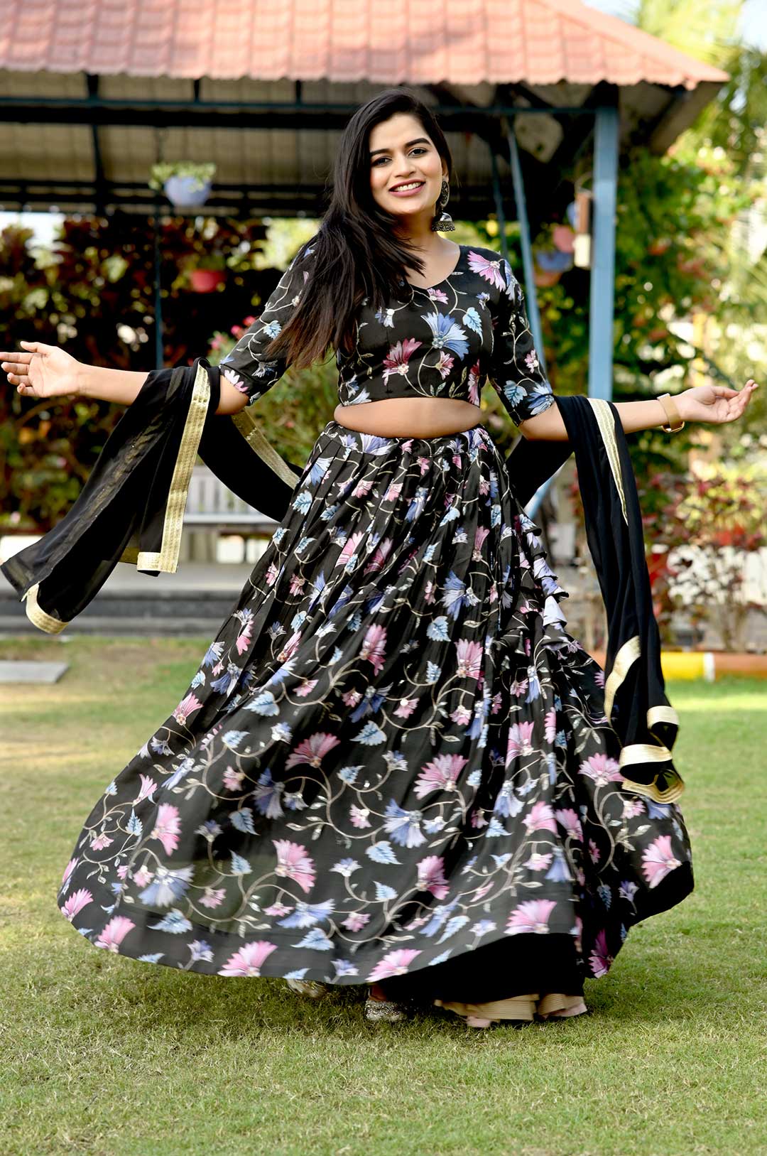 Midnight Bloom – Black Chinnon Printed Lehenga with Sequins Dupatta