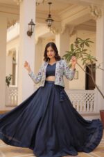 Midnight-Elegance-Navy-Chinnon-Lehenga-Set-with-Jacquard-Koti--4