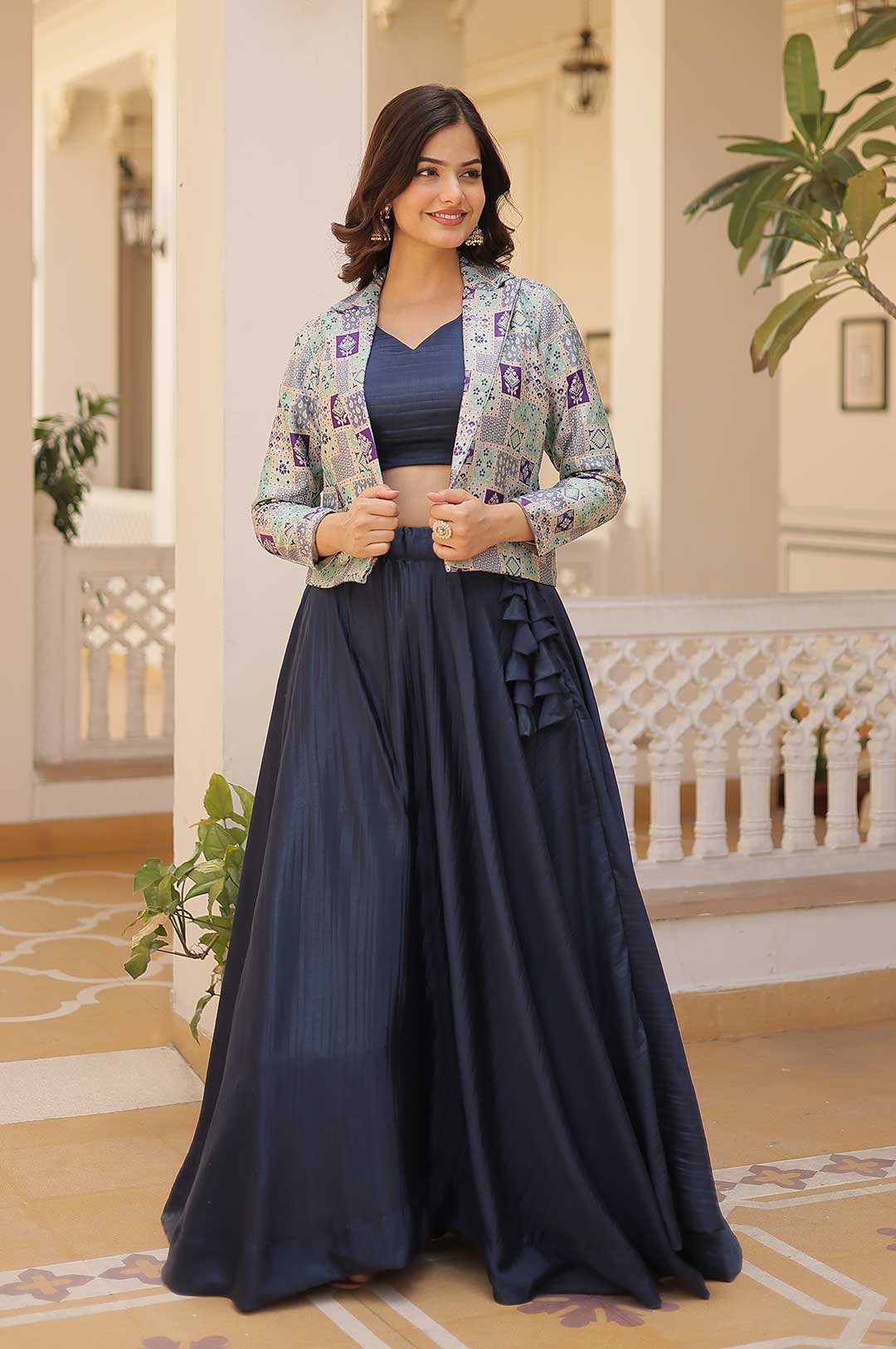 Midnight Elegance Rama Chinnon Lehenga Set with Jacquard Koti