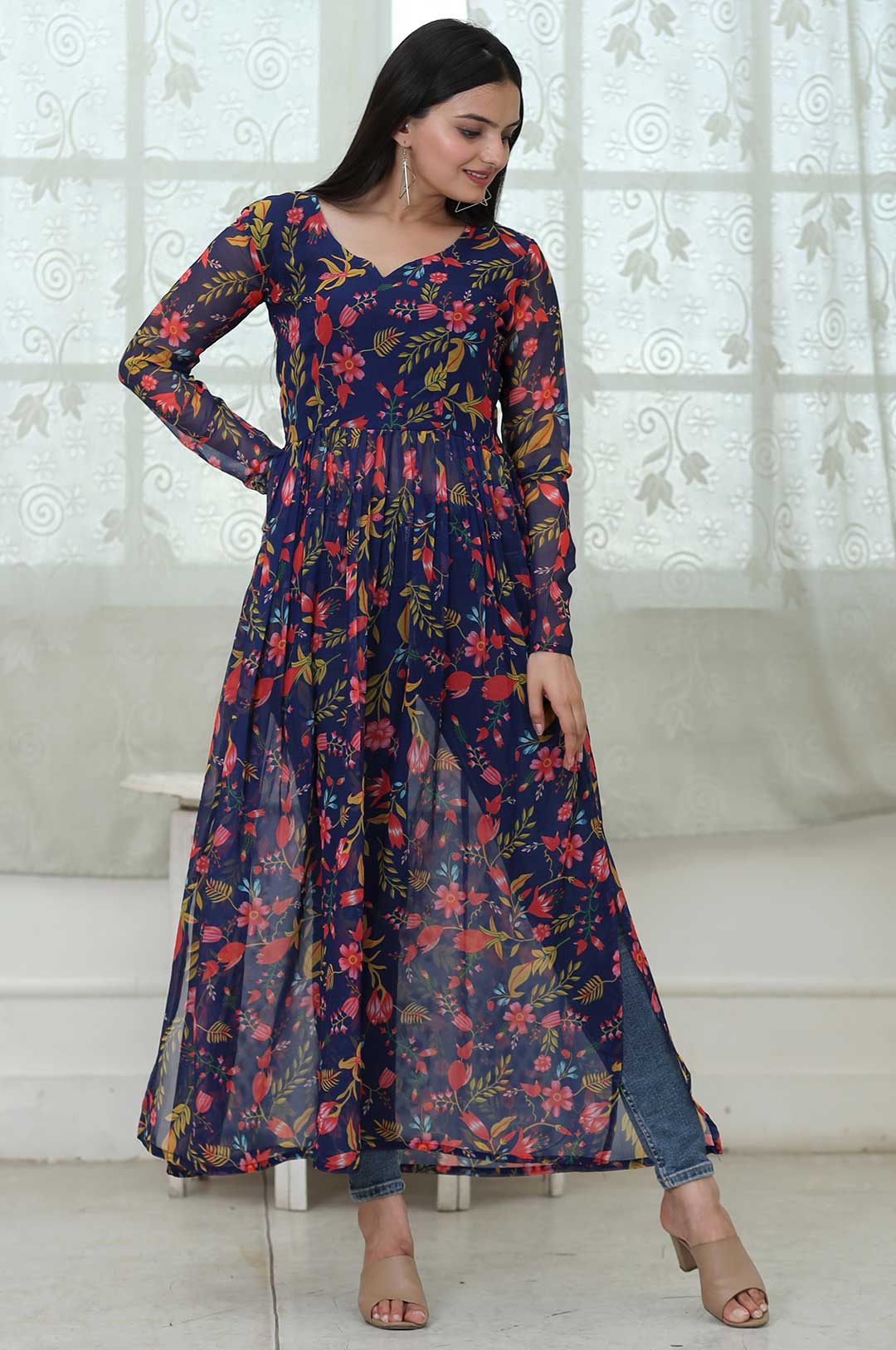 Midnight Garden Grace – Fox Georgette Digital Floral Kurti