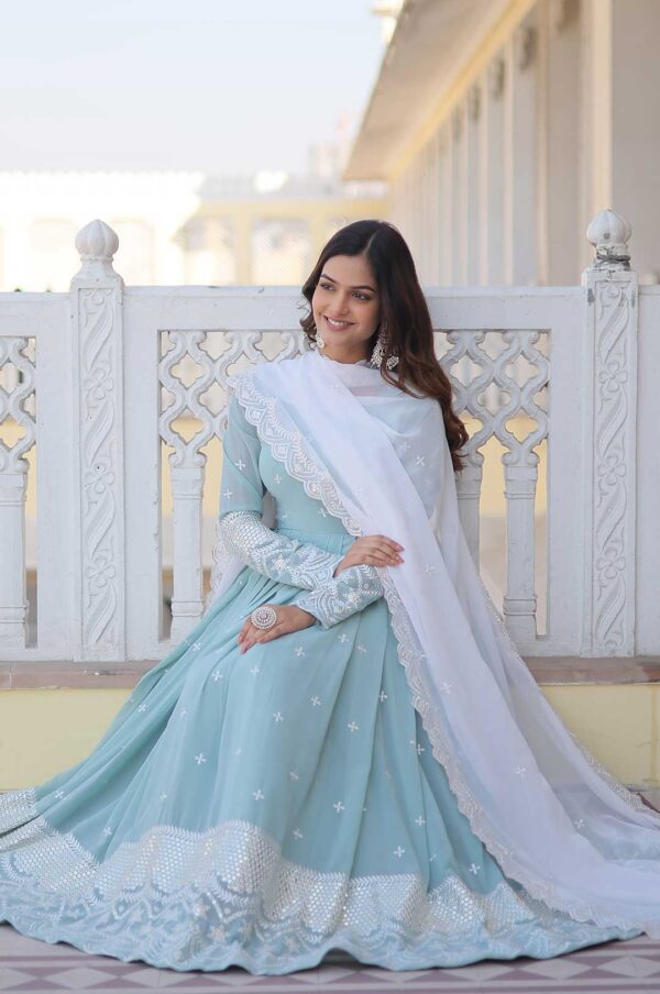 Mint Blue Embroidered Georgette Gown with Dupatta