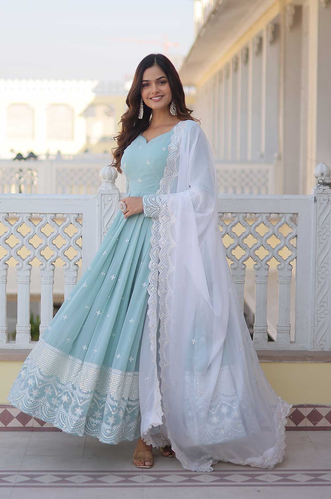 Mint Blue Embroidered Georgette Gown with Dupatta