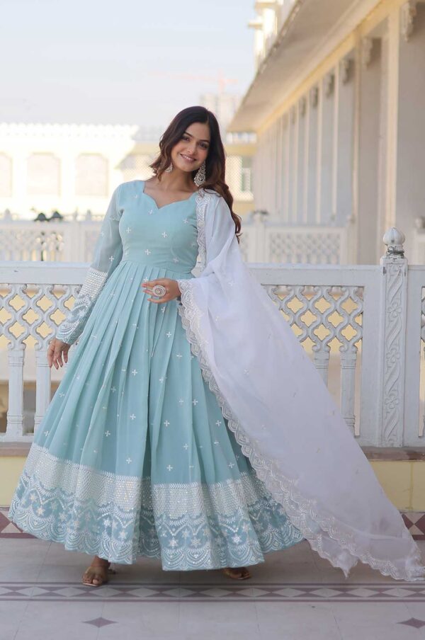 Mint Blue Embroidered Georgette Gown with Dupatta