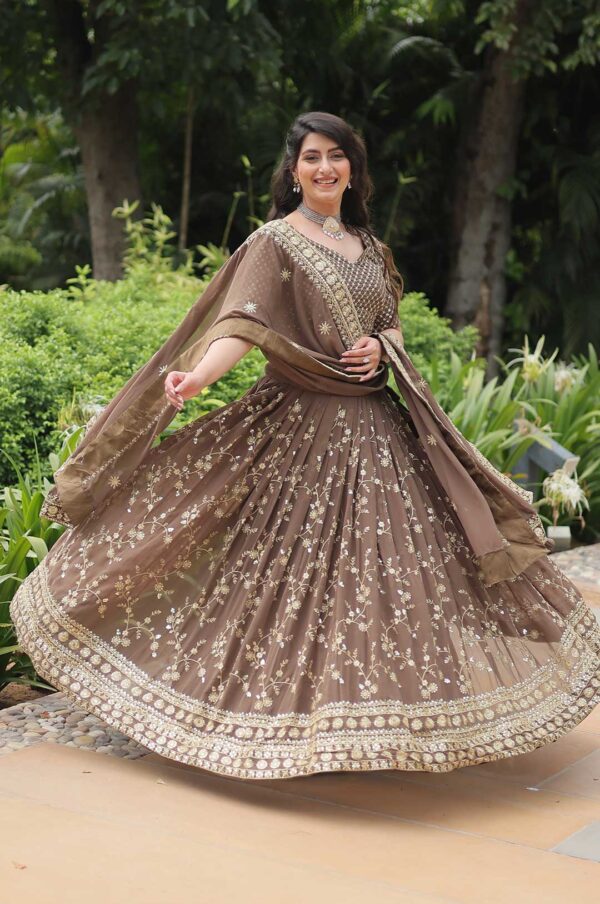 Mocha Brown Faux Blooming Heavy Embroidered Lehenga Choli with Dupatta