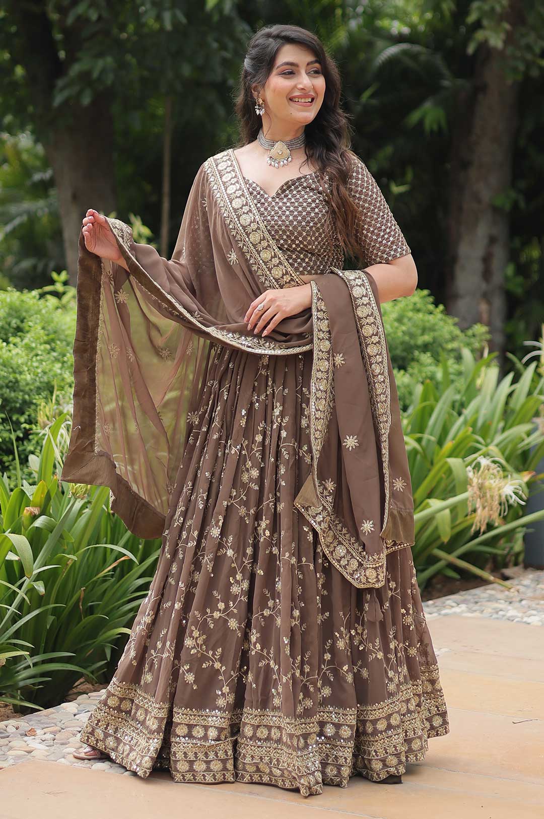 Mocha Brown Faux Blooming Heavy Embroidered Lehenga Choli with Dupatta