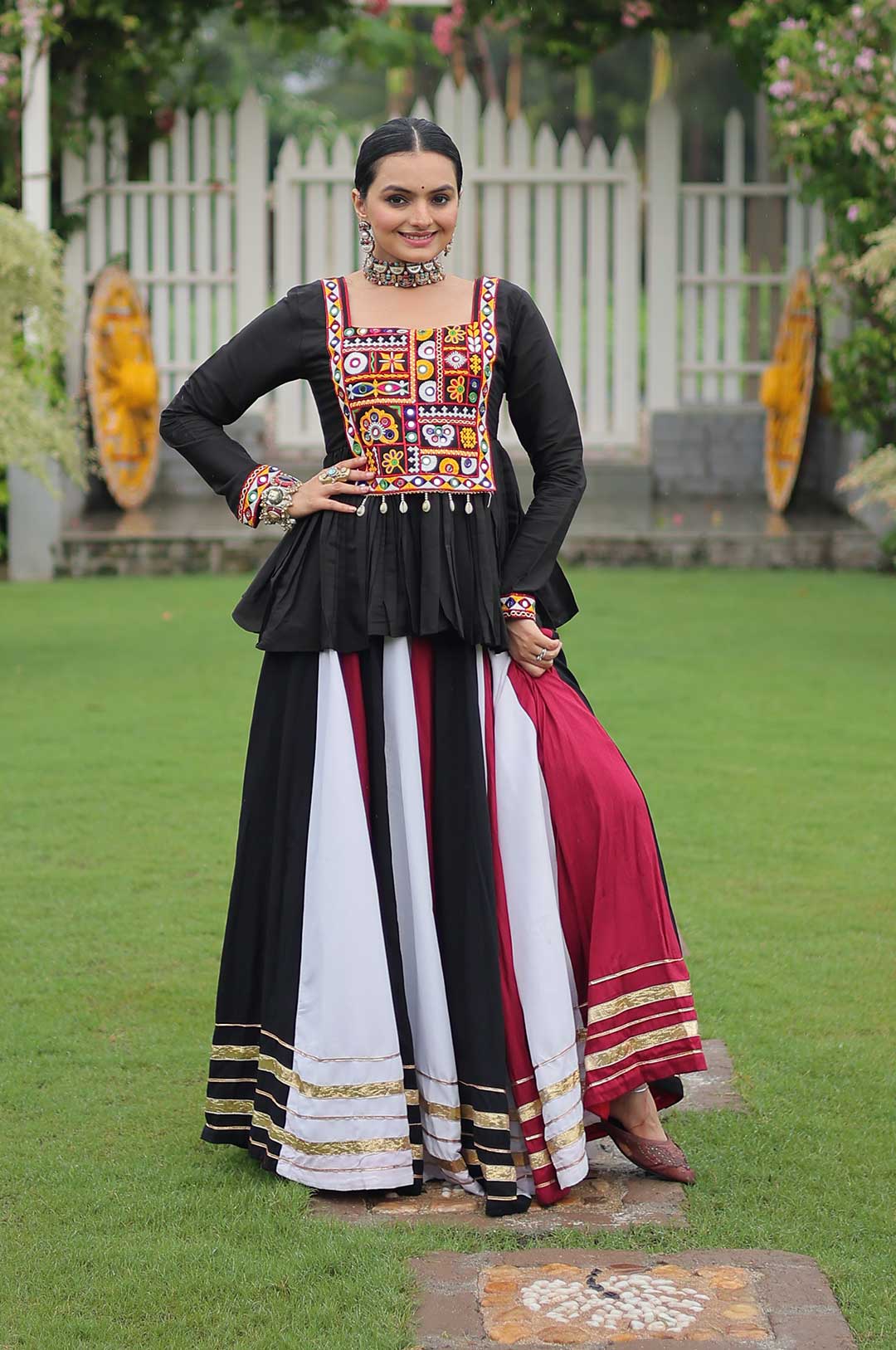 Multicolour 8-Meter Flair Lehenga with Kutchi Work Peplum Top
