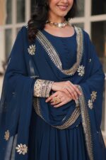 Navy-Blue-Embroidered-Anarkali-Gown-with-Heavy-Mirror-&amp;-Gold-Work-Border