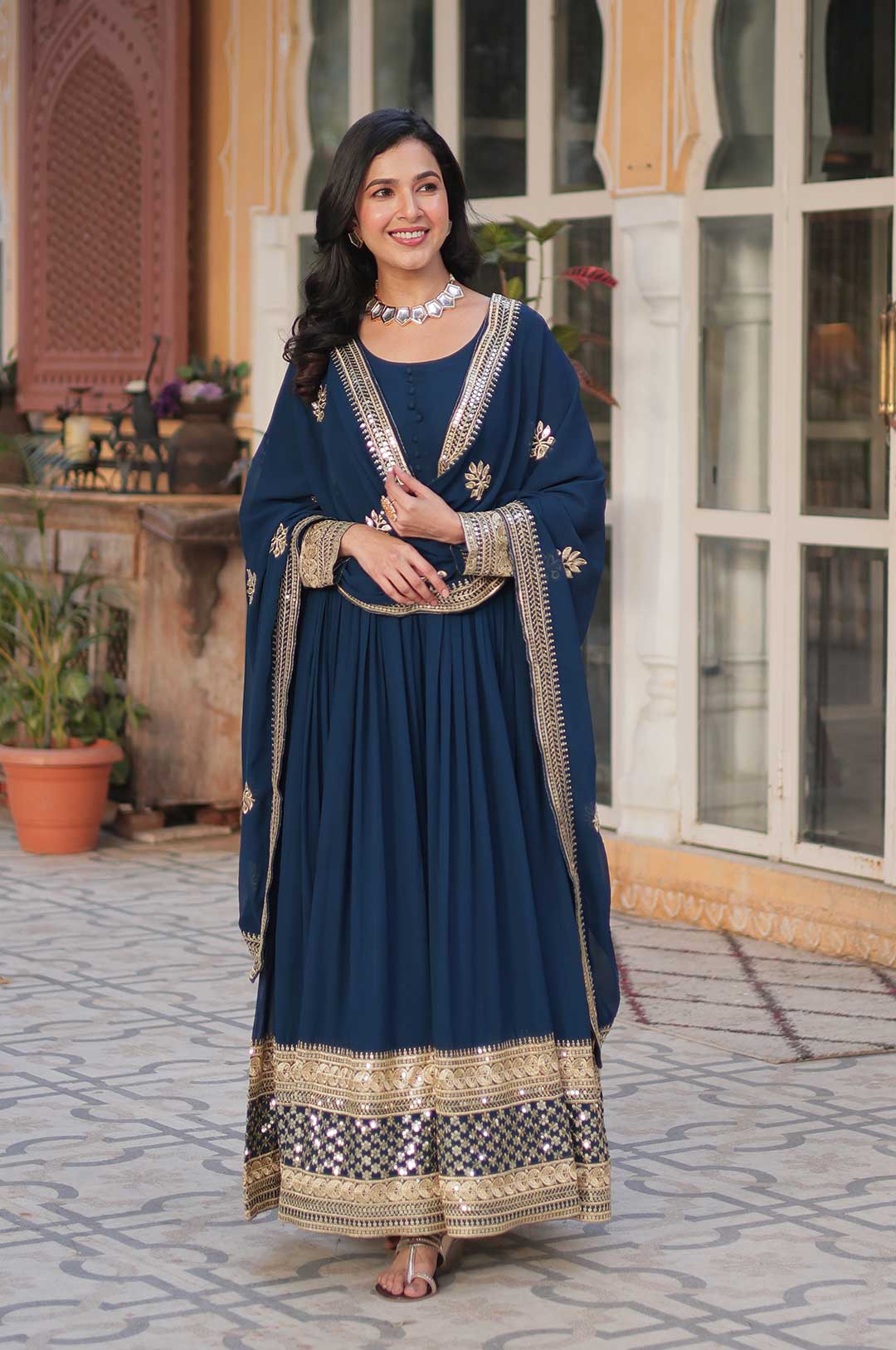 Navy Blue Embroidered Anarkali Gown with Heavy Mirror & Gold Work Border
