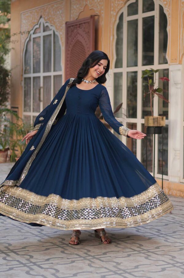 Navy Blue Embroidered Anarkali Gown with Heavy Mirror & Gold Work Border