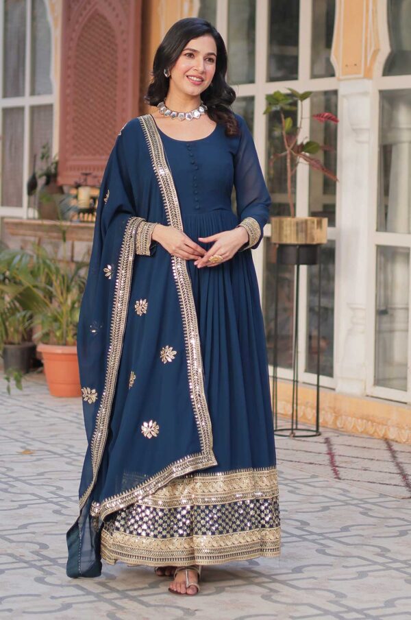 Navy Blue Embroidered Anarkali Gown with Heavy Mirror & Gold Work Border