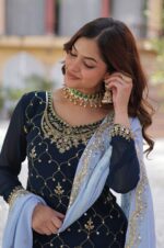 Navy-Blue-Embroidered-Kurti-&amp;-Plazzo-Set-with-Sky-Blue-Cutwork-Dupatta