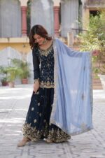 Navy-Blue-Embroidered-Kurti-&amp;-Plazzo-Set-with-Sky-Blue-Cutwork-Dupatta-3