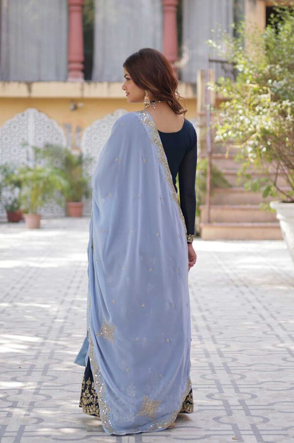 Navy Blue Embroidered Kurti & Plazzo Set with Sky Blue Cutwork Dupatta