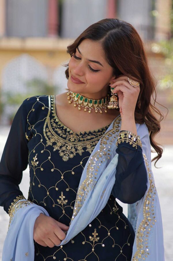 Navy Blue Embroidered Kurti & Plazzo Set with Sky Blue Cutwork Dupatta