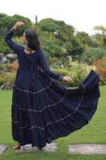 Navy-Blue-Kutchi-Gamthi-Embroidered-Reyon-Gown-with-Mirror-Work-&amp;-Gota-Patti-Lace-