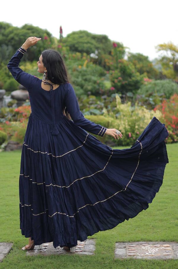 Navy-Blue Kutchi Gamthi Embroidered Reyon Gown with Mirror Work & Gota Patti Lace