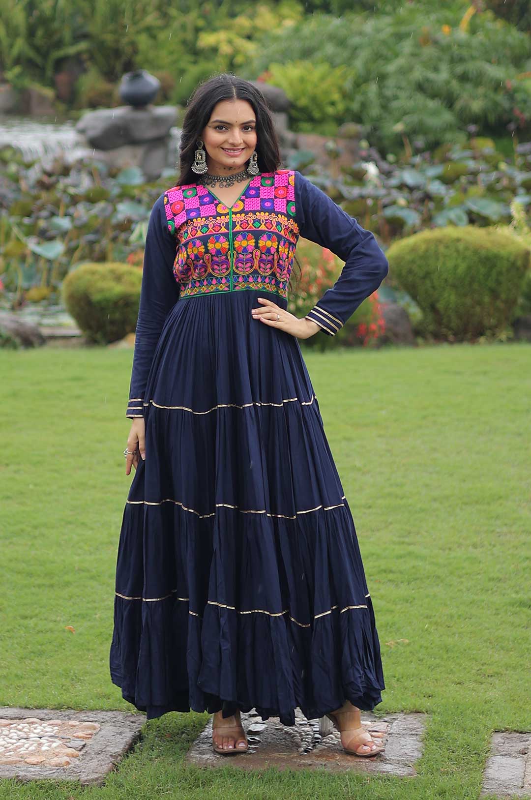 Navy-Blue Kutchi Gamthi Embroidered Reyon Gown with Mirror Work & Gota Patti Lace