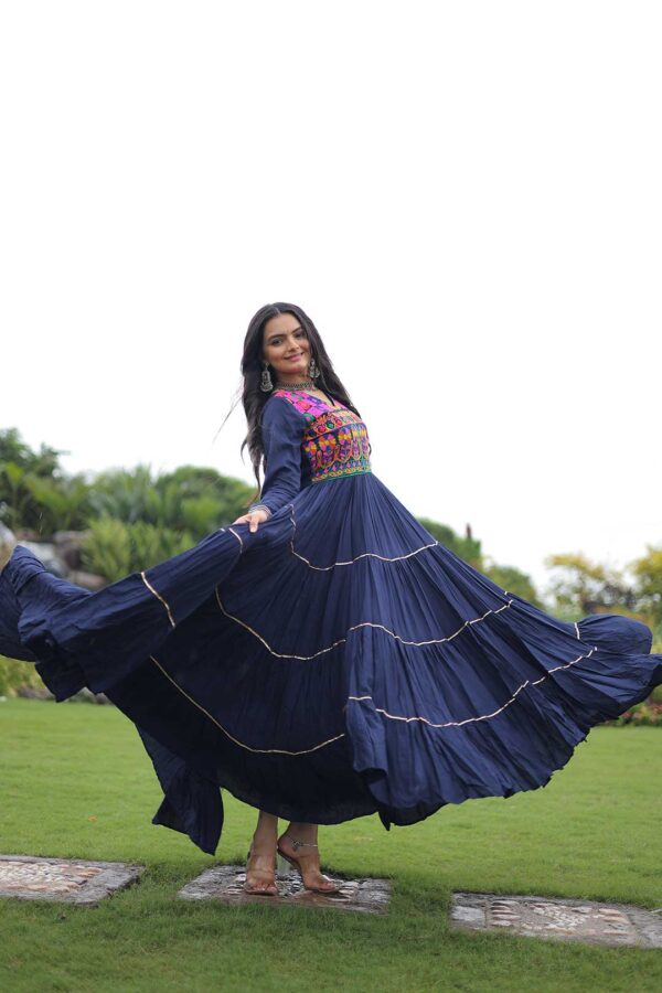 Navy-Blue Kutchi Gamthi Embroidered Reyon Gown with Mirror Work & Gota Patti Lace