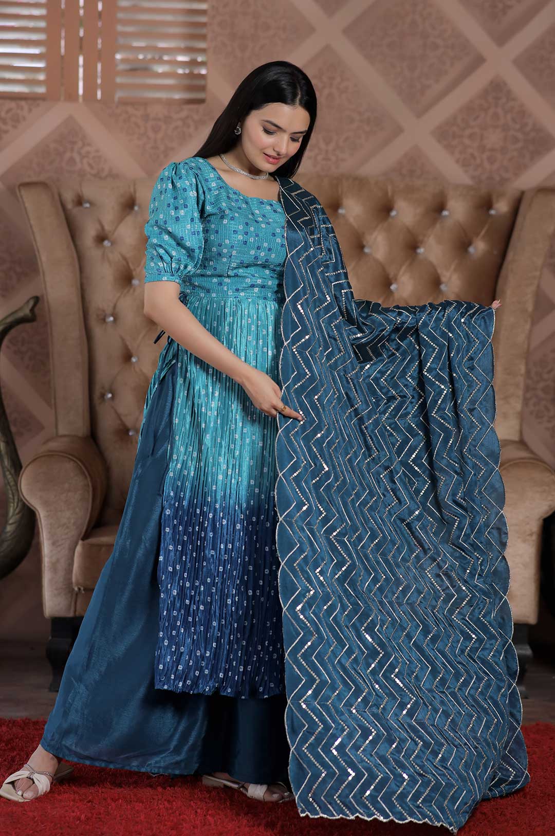 Ocean Royale – Rama Blue Maslin Kurti Set with Embroidered Chinnon Dupatta