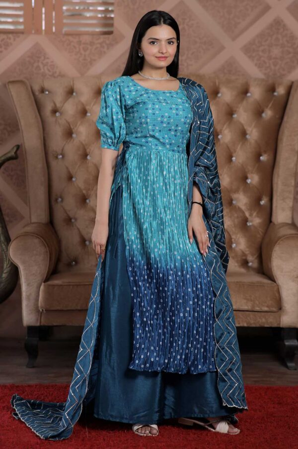 Ocean Royale – Rama Blue Maslin Kurti Set with Embroidered Chinnon Dupatta