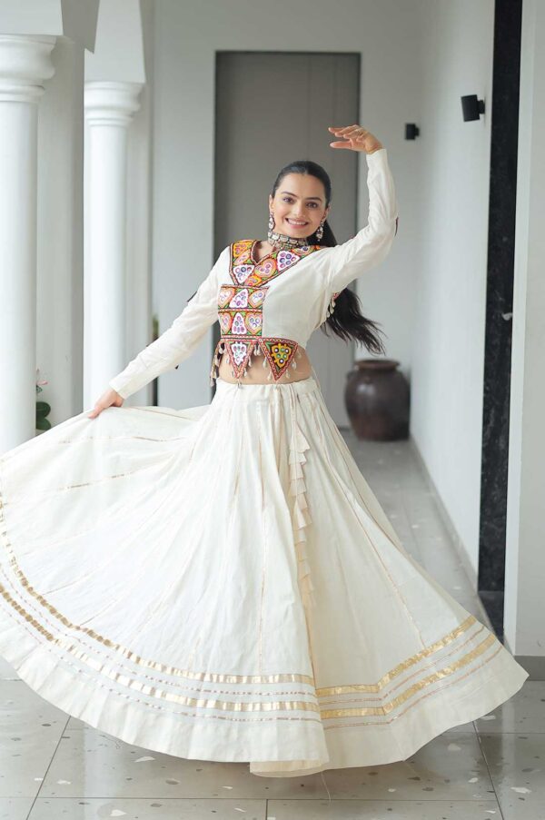 Off White Gold Kora Cotton Lehenga Choli with Gota-Patti & Kutchi Embroidery